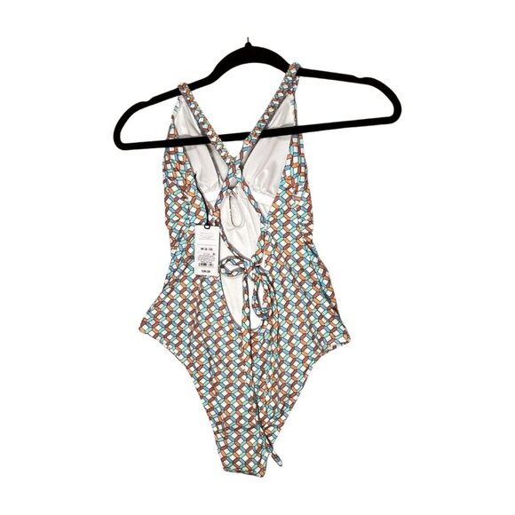 SHADE & SHORE Womens One Piece Deep V-neck Multi Geometric Print Medium 8/10 - Picture 2 of 12